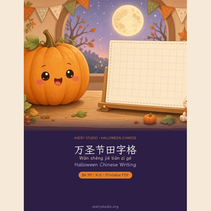 Halloween Chinese Writing 万圣节田字格 K-5 Mandarin cover, a boy tracing 南瓜
