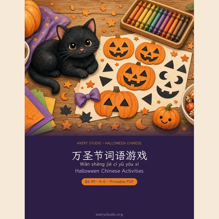 Halloween Chinese Activities 万圣节词语游戏 K-5 Mandarin cover, pumpkin vocab cards